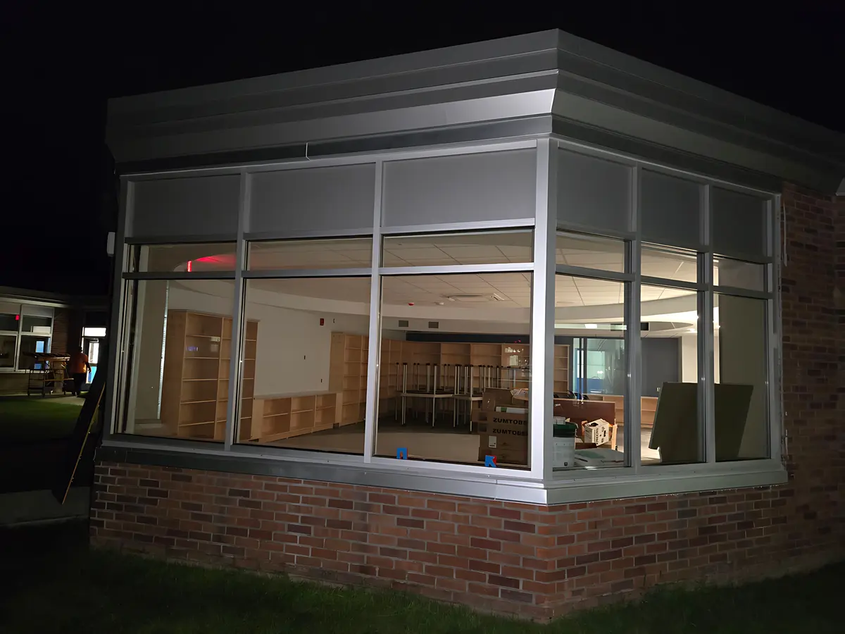 Finished glass corner lit up at night